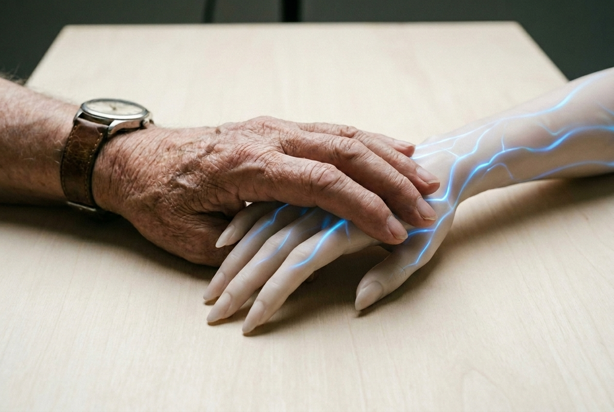 Human hand resting on a Mark I unit hand, bioluminescent vein structures visible